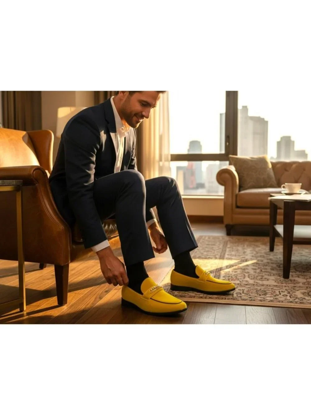 Metrocharm Men's Yellow Vintage Velvet Loafers Gold Chain Buckle Slip On Shoes